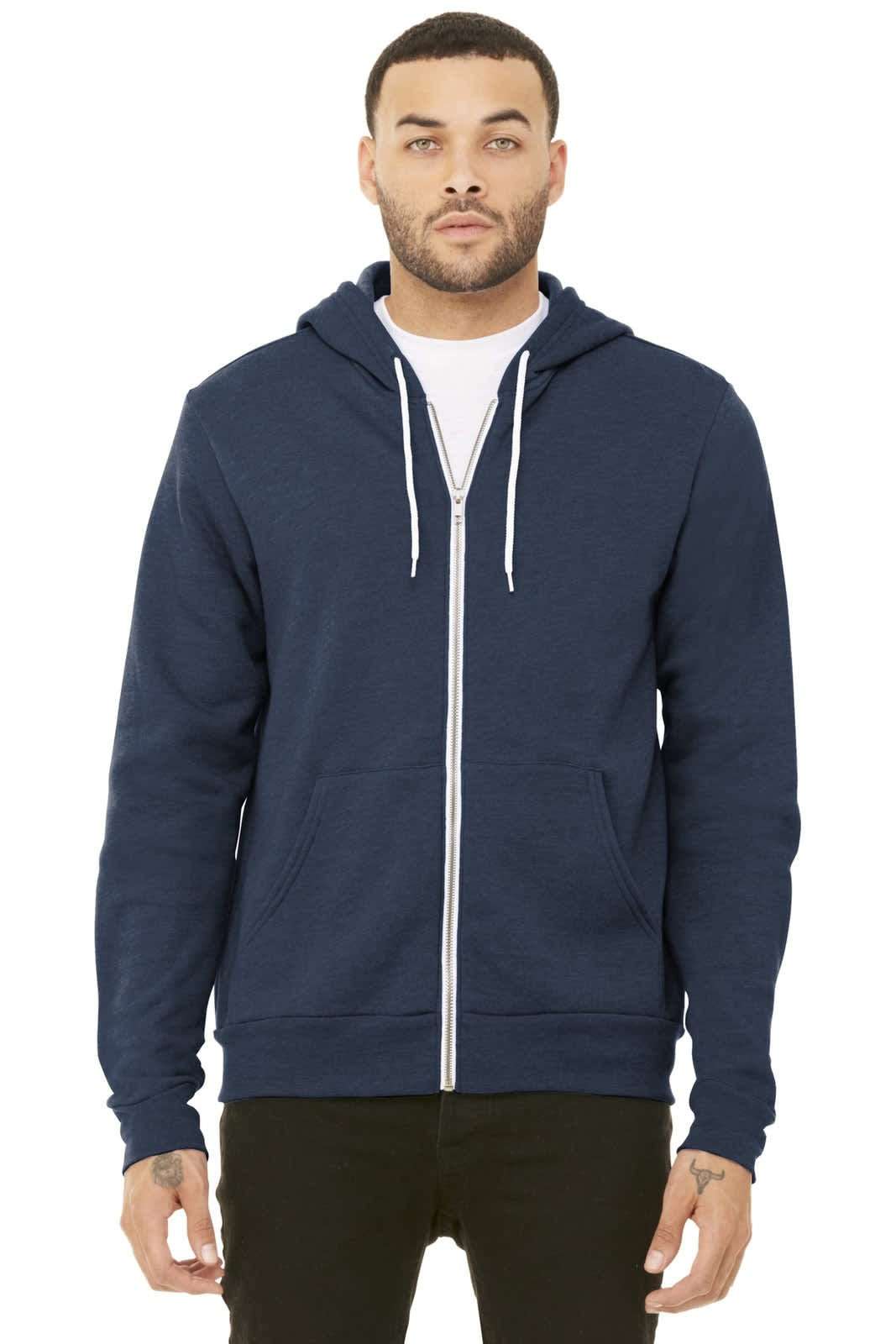 A navy unisex sponge fleece full-zip hoodie with a front zipper and drawstring hood. Features a logo.