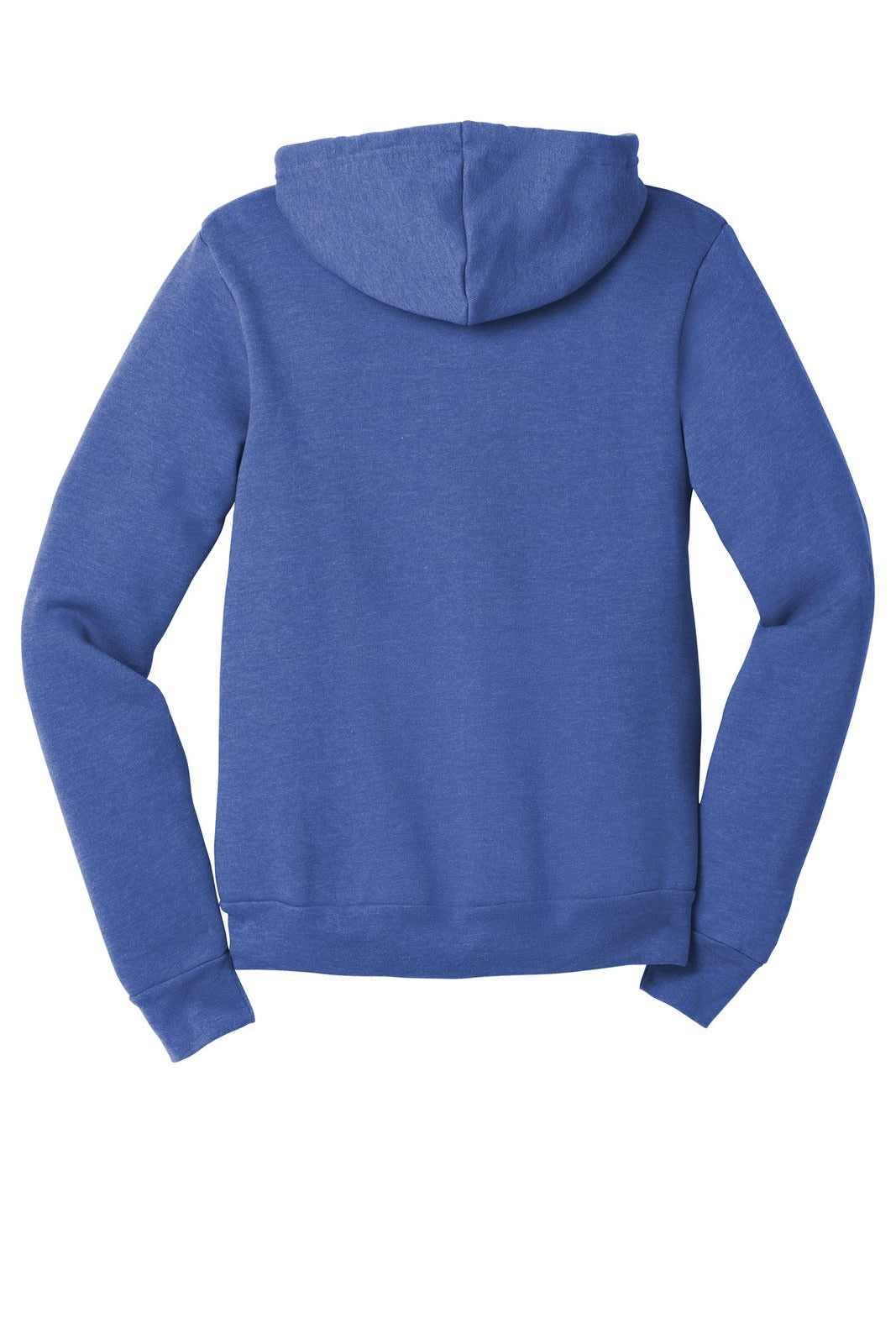 A blue unisex sponge fleece full-zip hoodie, featuring a hood and long sleeves, with a logo on the back.