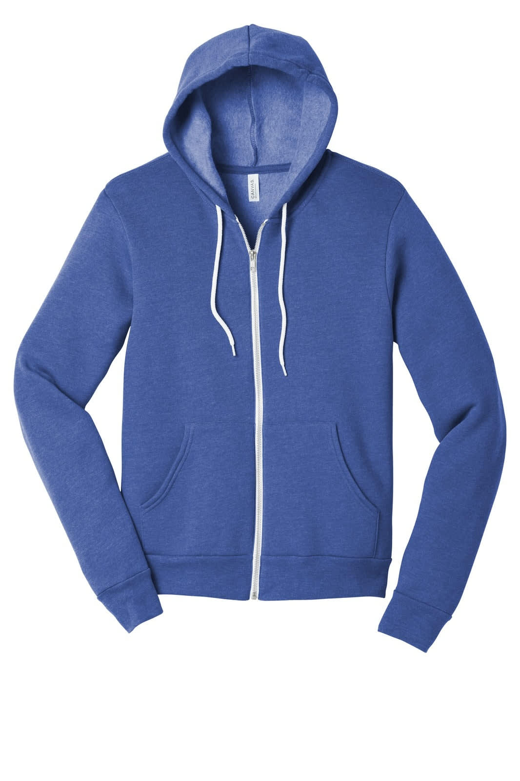A blue unisex sponge fleece full-zip hoodie with a hood and white drawstrings, featuring a logo.