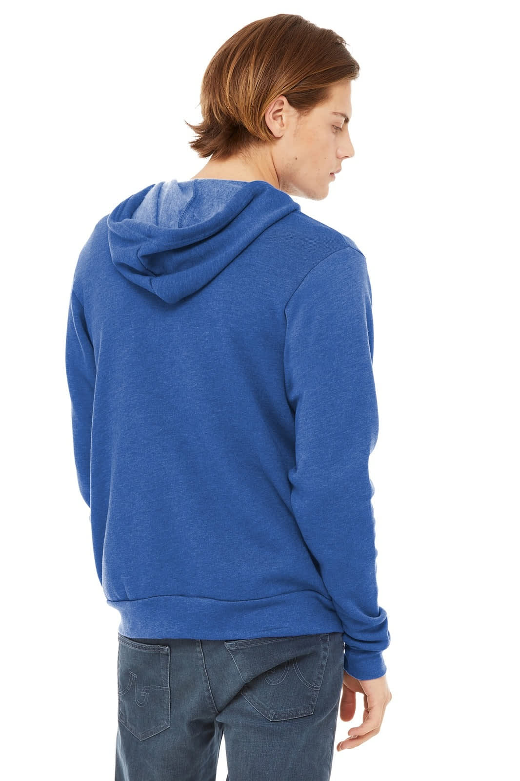 A unisex sponge fleece full-zip hoodie in royal blue, featuring a hood and a logo on the back.