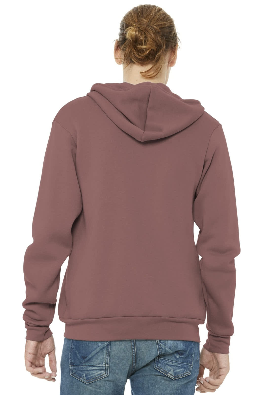 A unisex sponge fleece full-zip hoodie in a deep mauve colour, featuring a hood and a logo on the back.