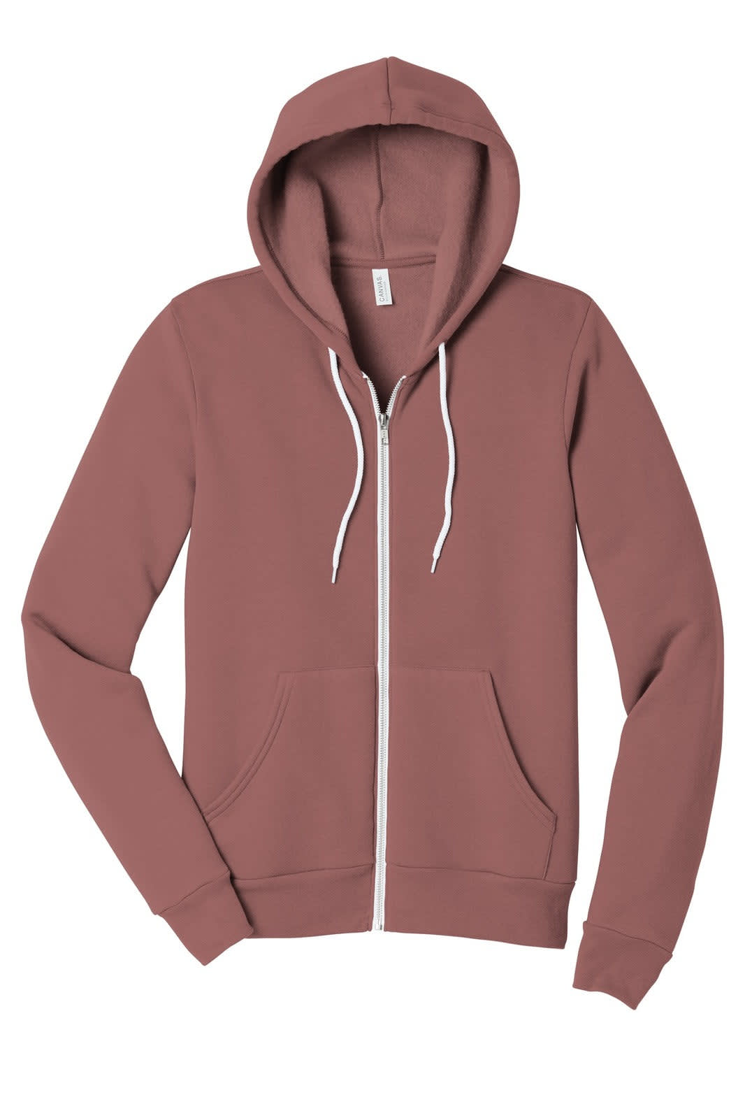 A unisex sponge fleece full-zip hoodie in a muted rose colour with a kangaroo pocket and white drawstrings.