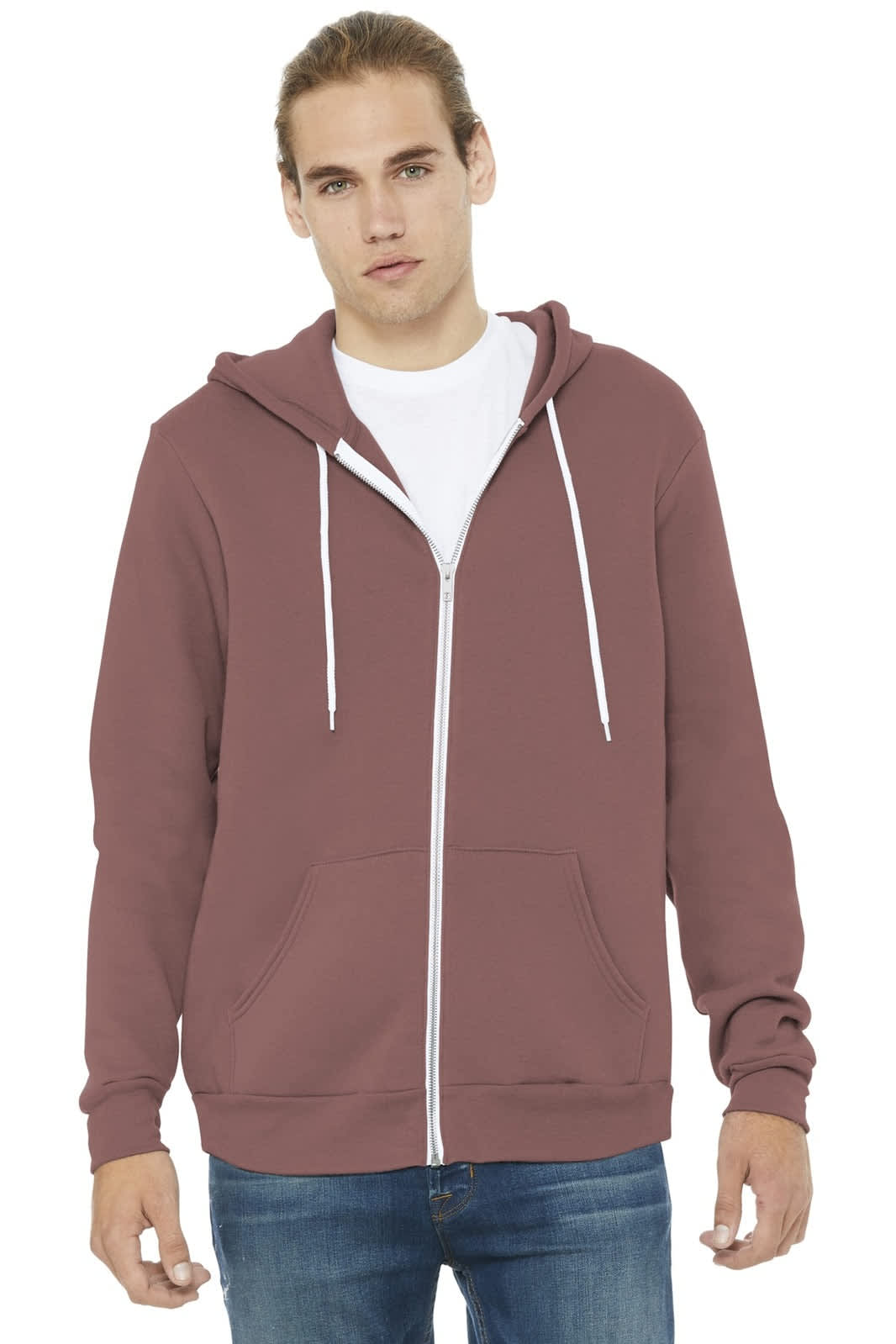 A unisex sponge fleece full-zip hoodie in mauve, featuring a front zipper and a logo on the chest.