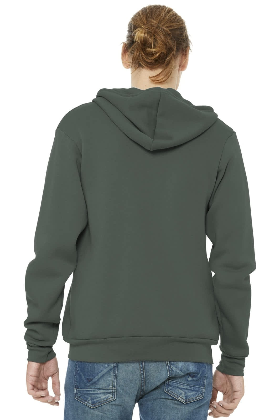 A unisex sponge fleece full-zip hoodie in a dark green colour, featuring a hood and a logo.
