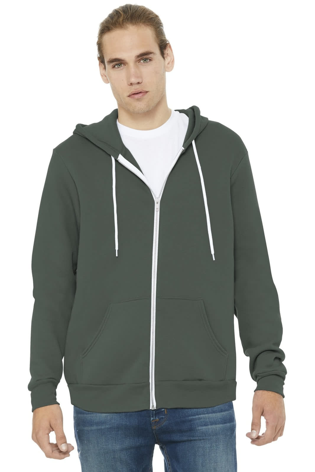 A unisex sponge fleece full-zip hoodie in dark green, featuring a front pocket and white drawstrings.