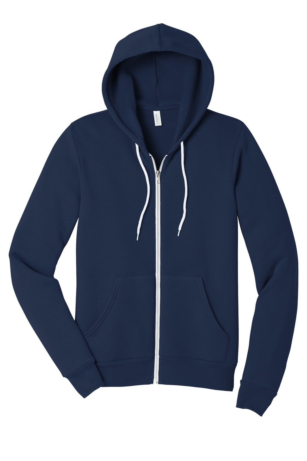 A navy unisex fleece full-zip hoodie featuring a front pocket and a drawstring hood, with a logo on the label.