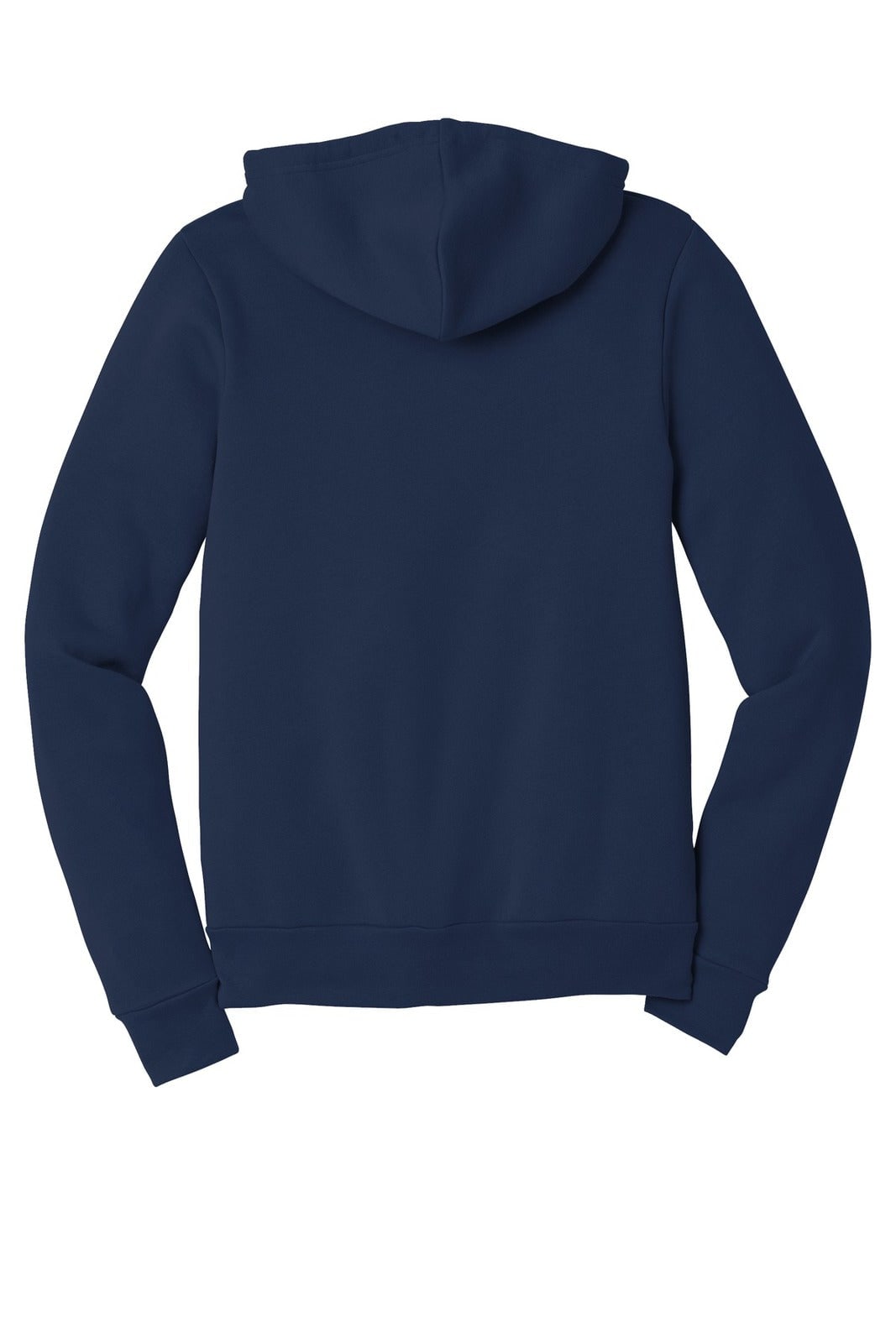 A navy blue unisex fleece full-zip hoodie with a hood and long sleeves, featuring a plain back.