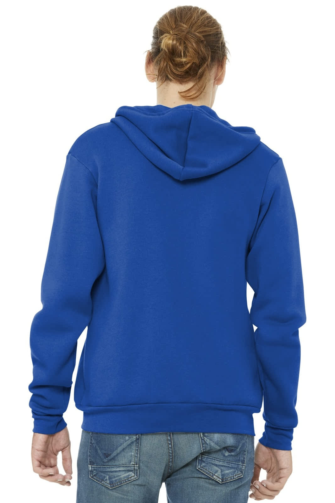 A blue unisex sponge fleece full-zip hoodie viewed from the back, featuring a hood and fitted cuffs.