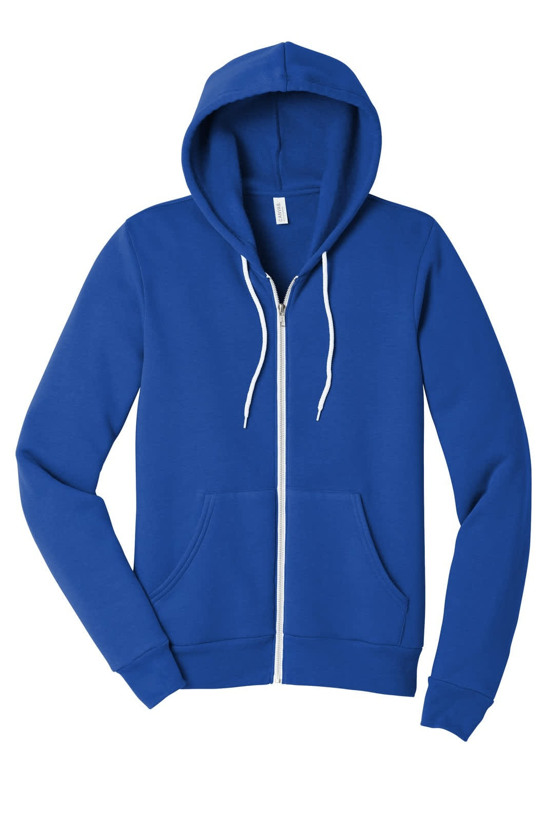 A blue unisex sponge fleece full-zip hoodie featuring a front pocket and a hood. Includes a logo on the label.