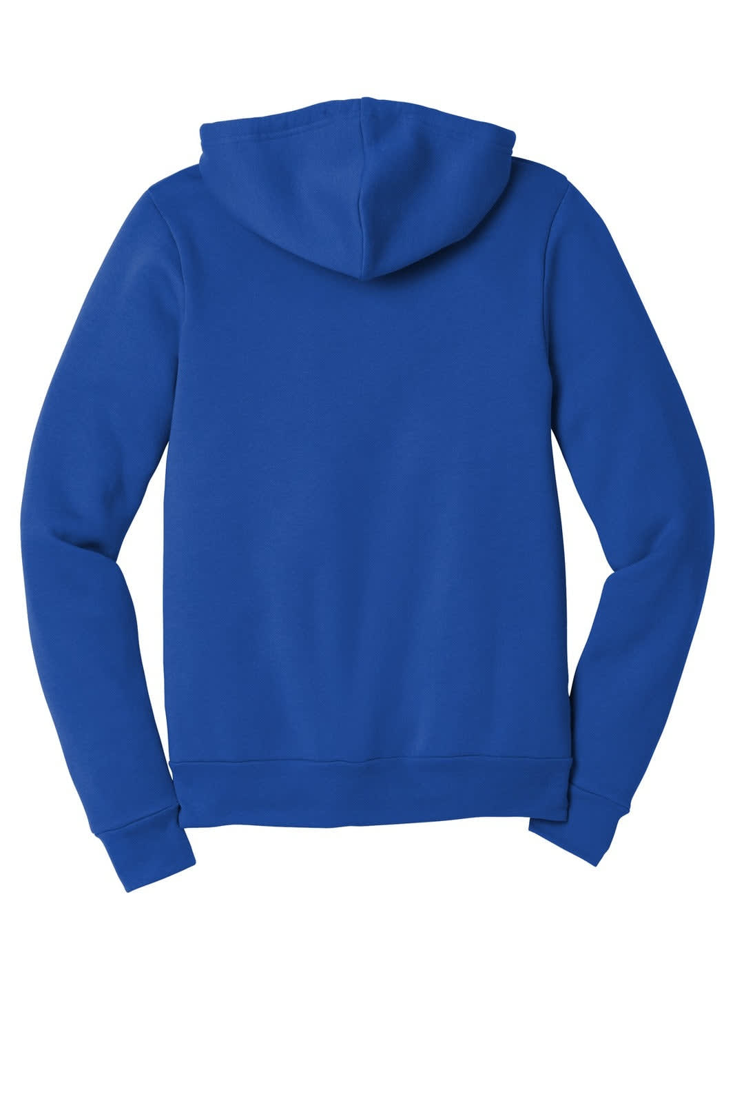 A unisex full-zip hoodie in vibrant blue with a hood, featuring long sleeves and a simple design.