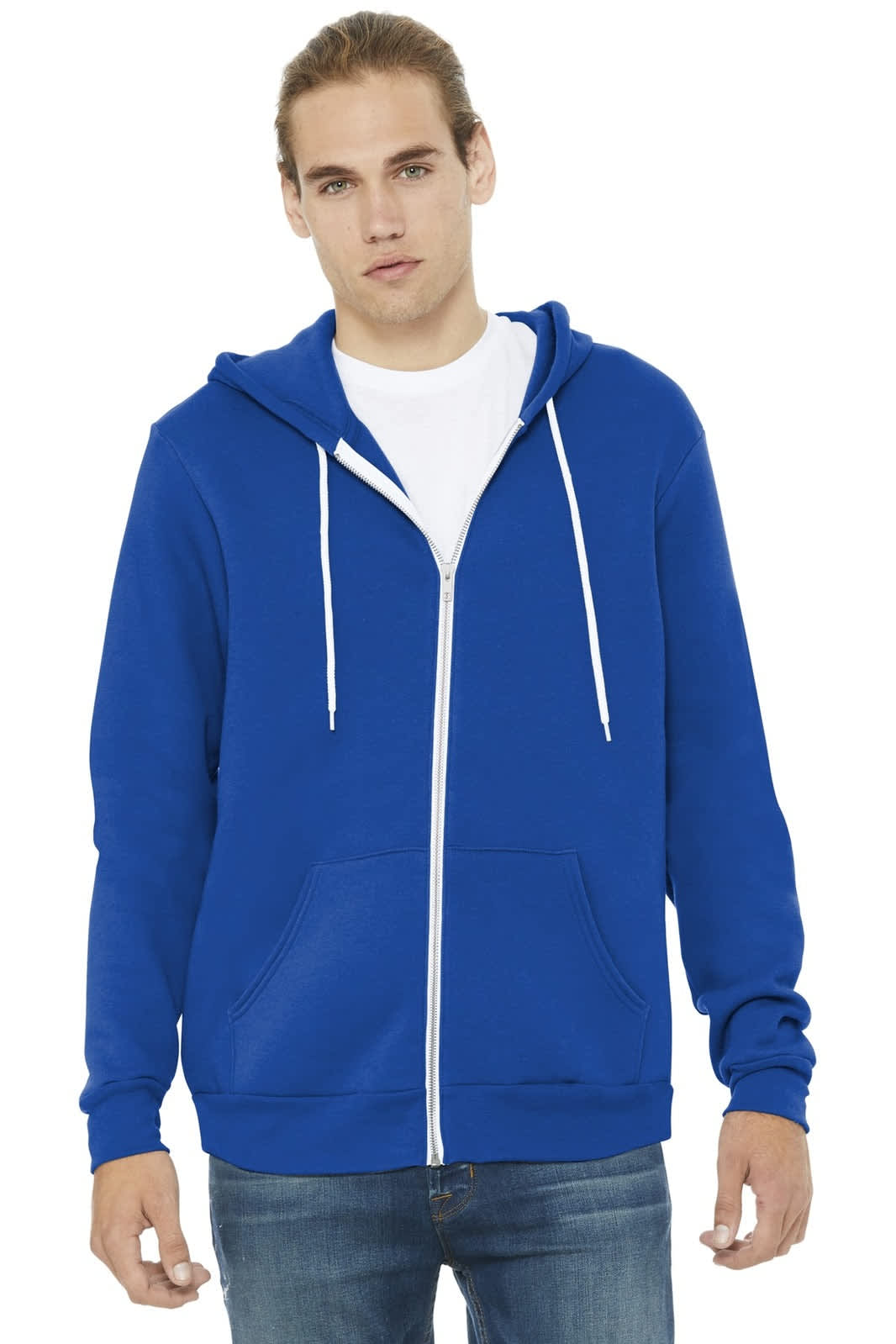 A blue unisex sponge fleece full-zip hoodie with a hood and front pockets. The model is wearing it with jeans.