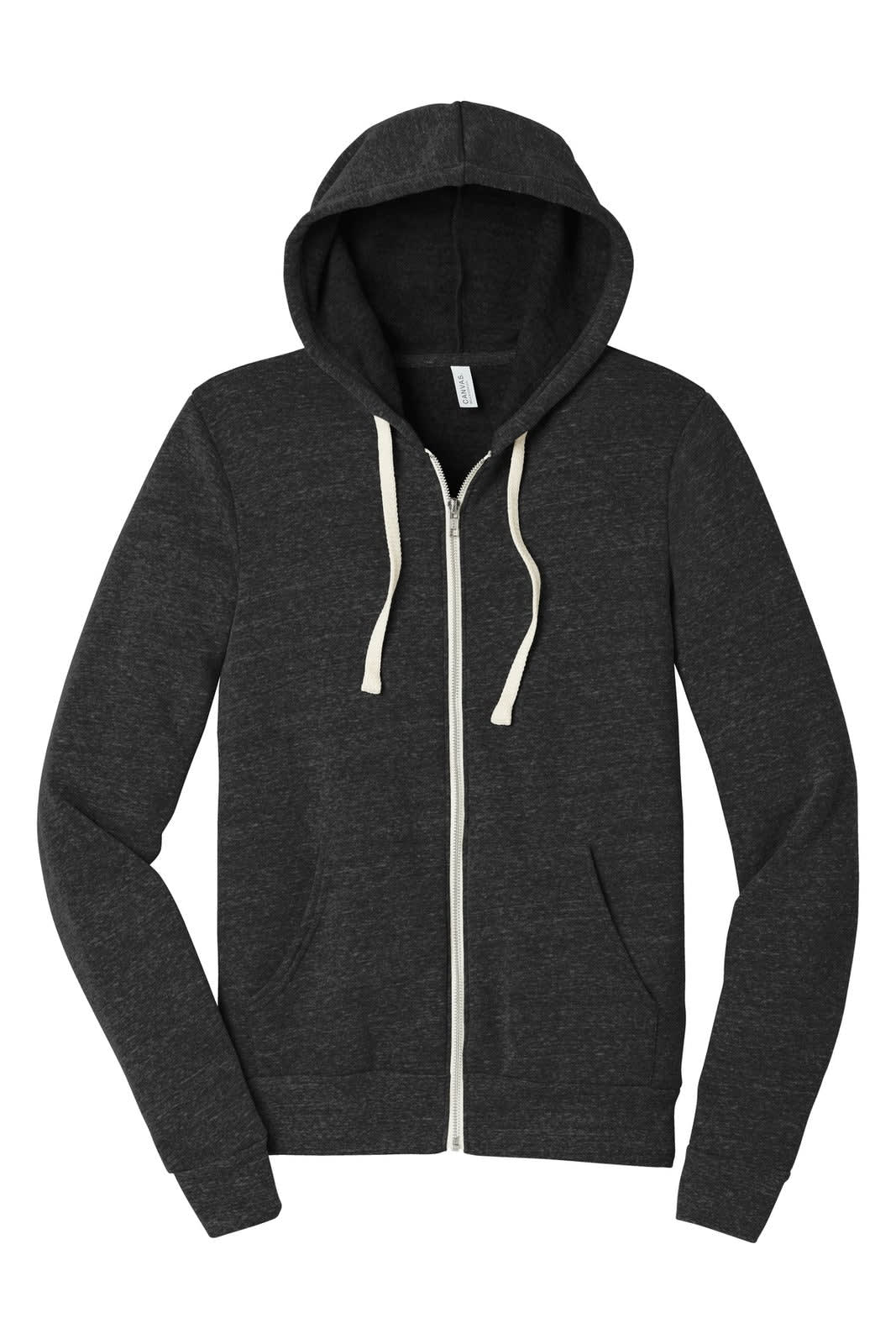A grey unisex triblend sponge fleece full-zip hoodie with a drawstring hood and contrasting zipper.