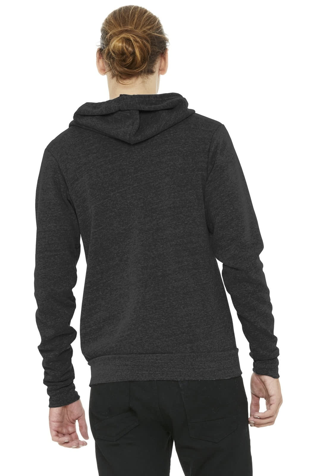 A unisex triblend sponge fleece full-zip hoodie in dark grey, featuring a hood and a logo on the back.