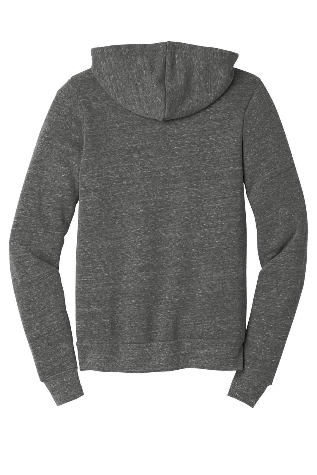 A grey unisex triblend sponge fleece full-zip hoodie with a hood and long sleeves, featuring a brand logo.