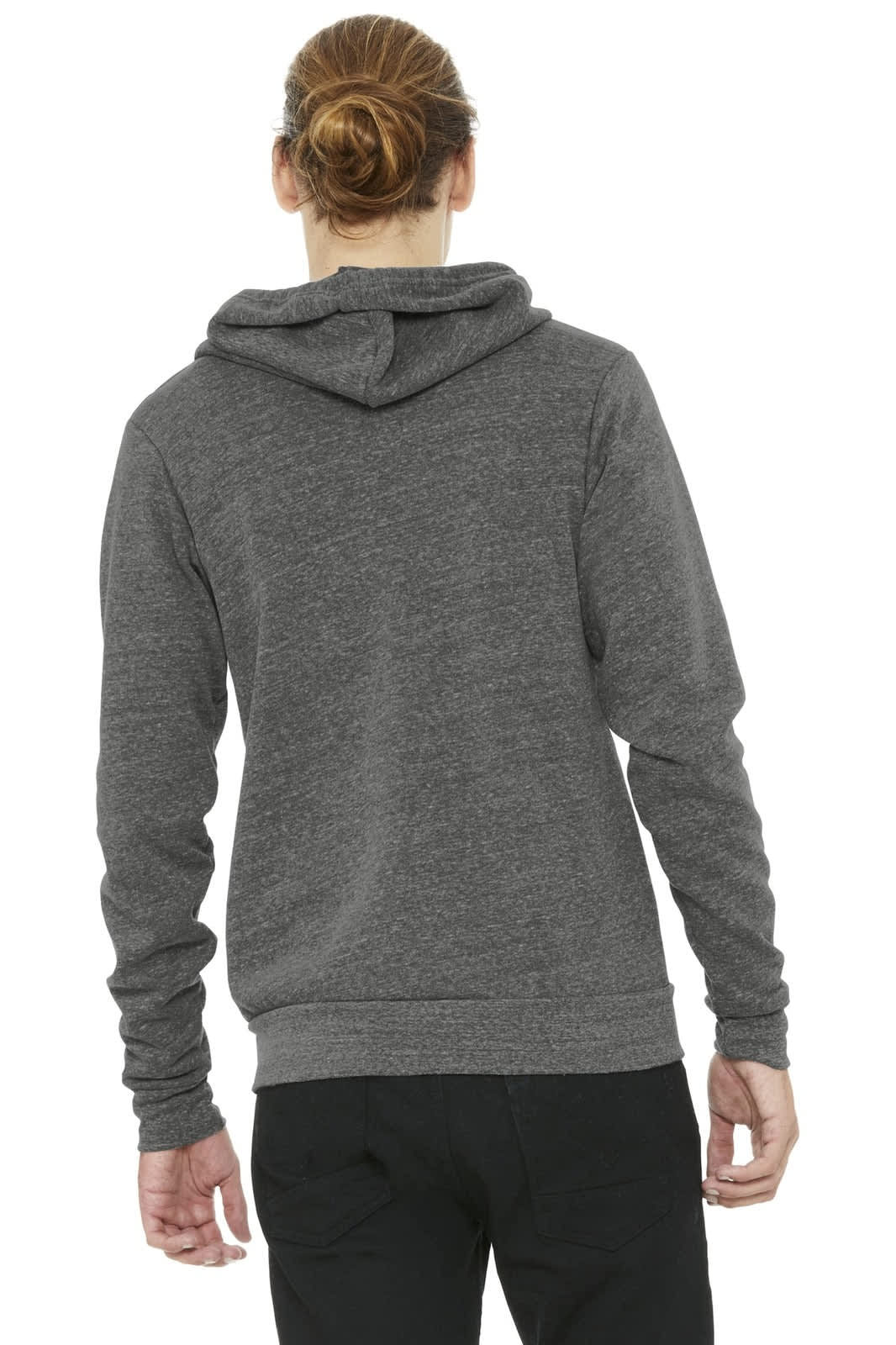 A unisex triblend sponge fleece full-zip hoodie in grey, featuring a hood and a back view with no visible branding.
