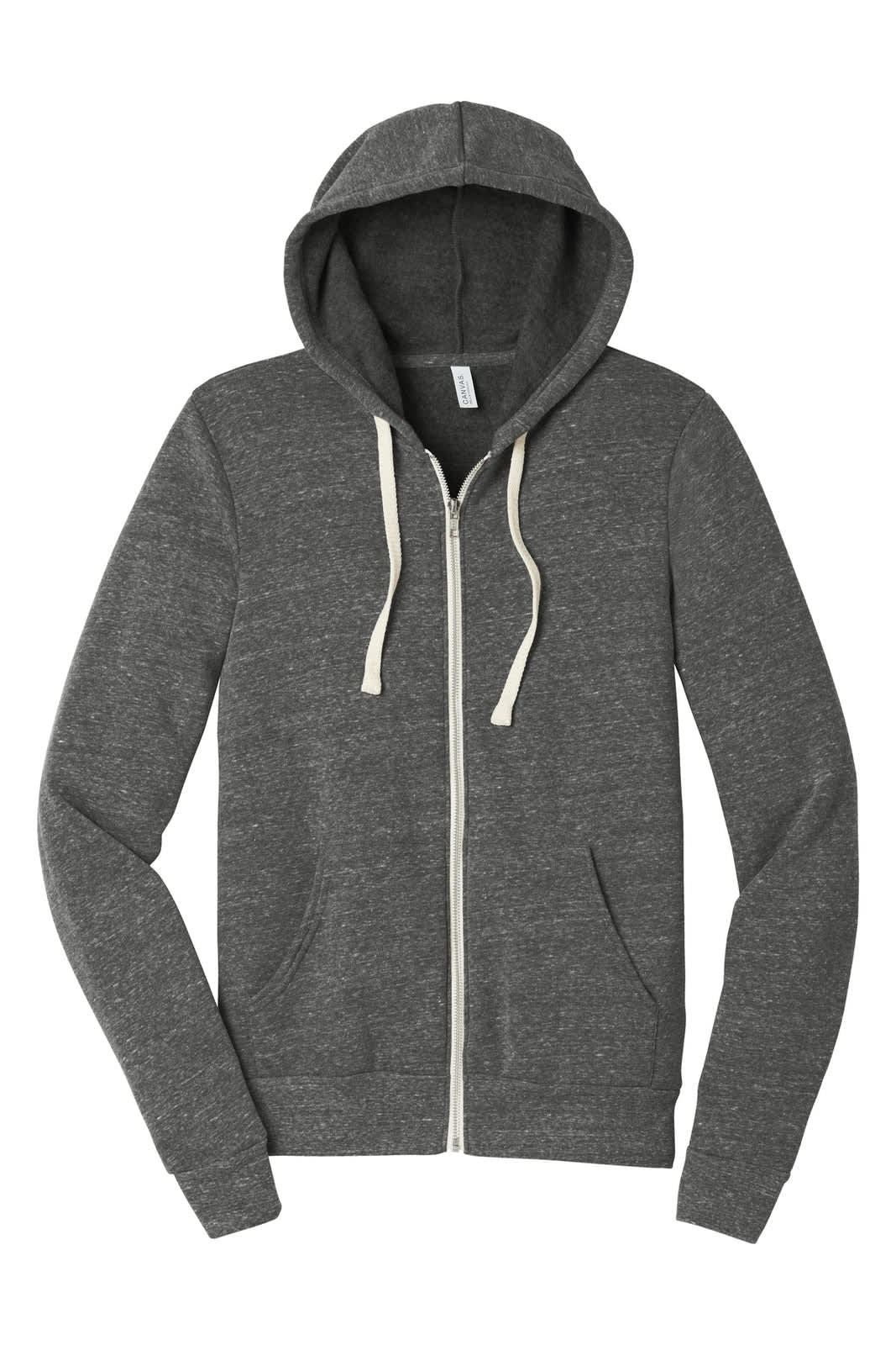 A unisex triblend sponge fleece full-zip hoodie in a grey colour, featuring a hood and a zipper.