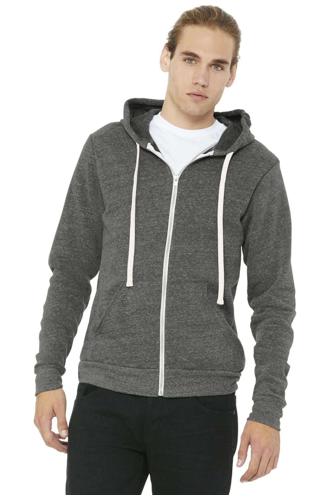 A unisex triblend sponge fleece full-zip hoodie in grey, featuring a hood and a front zip closure.