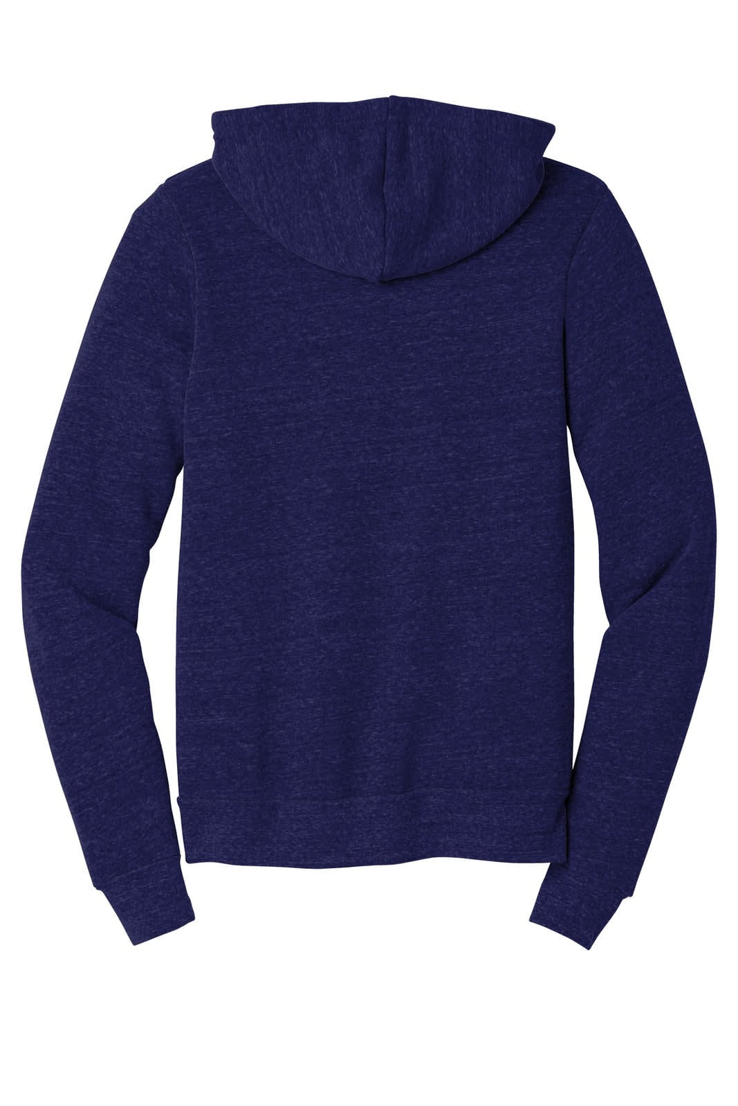A unisex triblend sponge fleece full-zip hoodie in navy blue, featuring a hood and long sleeves.