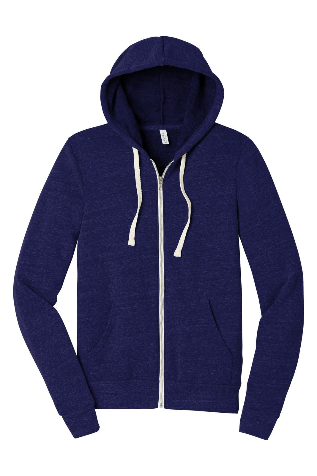 A unisex triblend sponge fleece full-zip hoodie in a deep navy colour, featuring a hood and front zip.