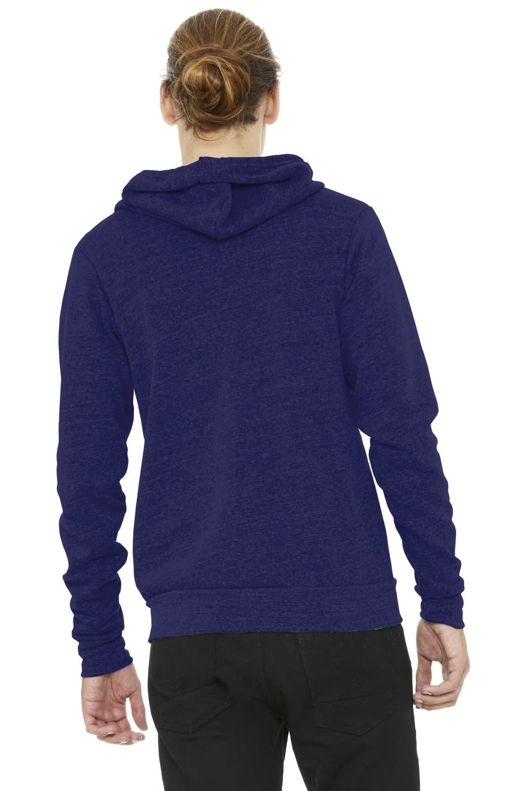 A unisex triblend sponge fleece full-zip hoodie in navy, featuring a hood and a logo on the back.