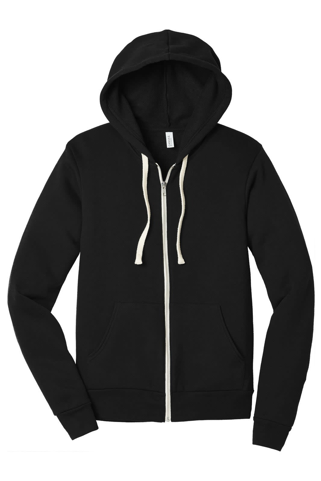 A black unisex triblend sponge fleece full-zip hoodie featuring a contrasting zipper and drawstrings, with a logo on the label.