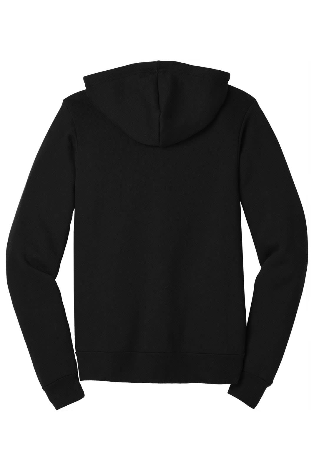 A black unisex triblend sponge fleece full-zip hoodie with a hood and long sleeves, featuring a logo.