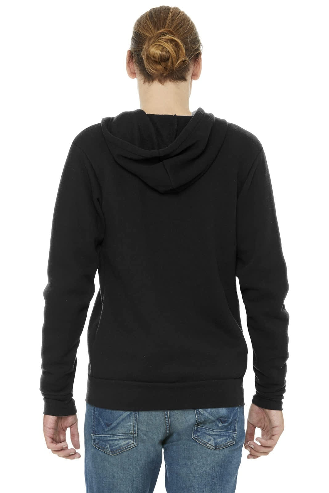 A black unisex triblend sponge fleece full-zip hoodie displayed from the back, worn with blue jeans.