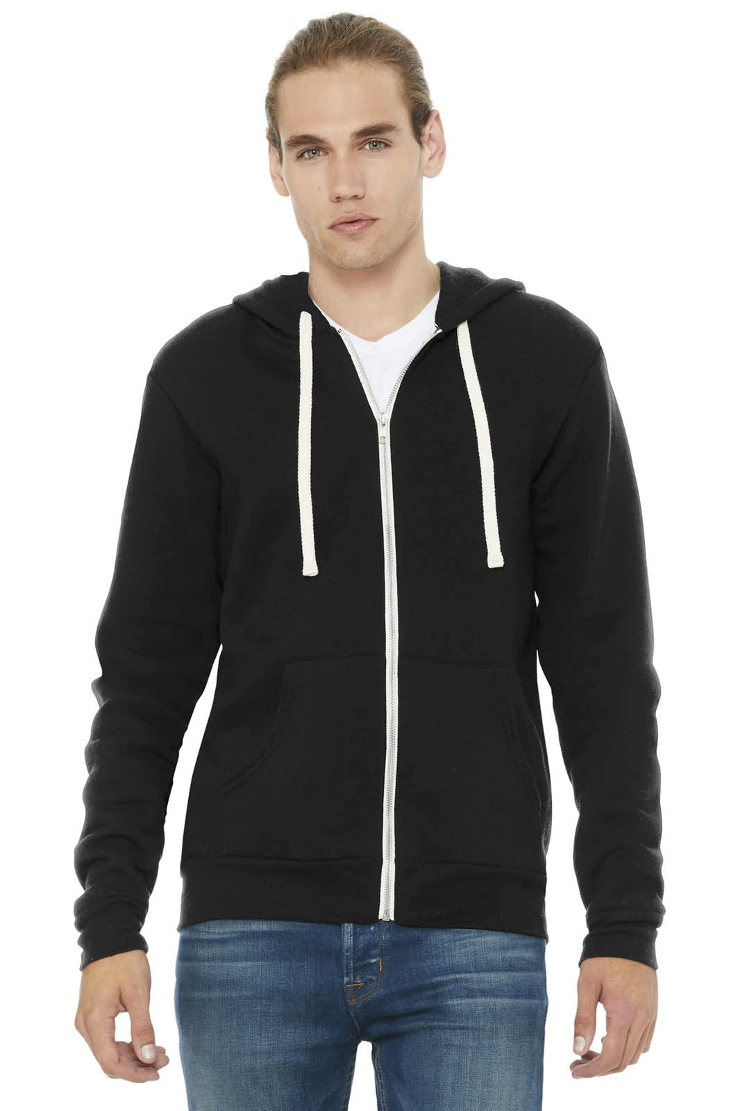 A black unisex triblend sponge fleece full-zip hoodie with a front pocket and a logo.