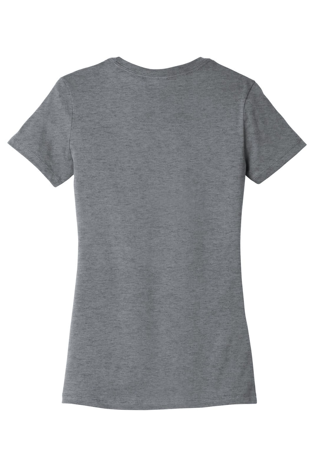 A women's grey t-shirt featuring a classic crew neck and short sleeves, with a logo on the back.