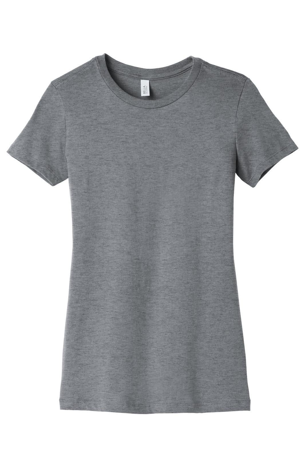 A women's t-shirt in a grey colour with short sleeves and a fitted design. It features a logo on the label.