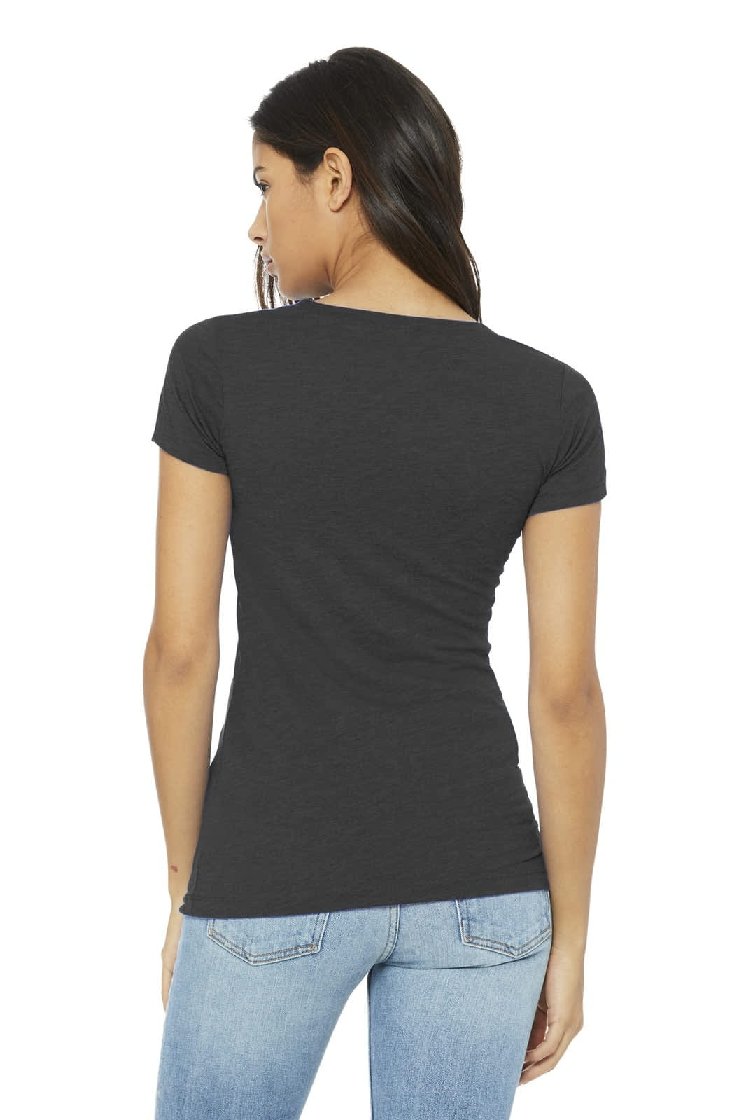 A fitted women's t-shirt in charcoal grey, featuring a simple design and short sleeves, displayed from the back.