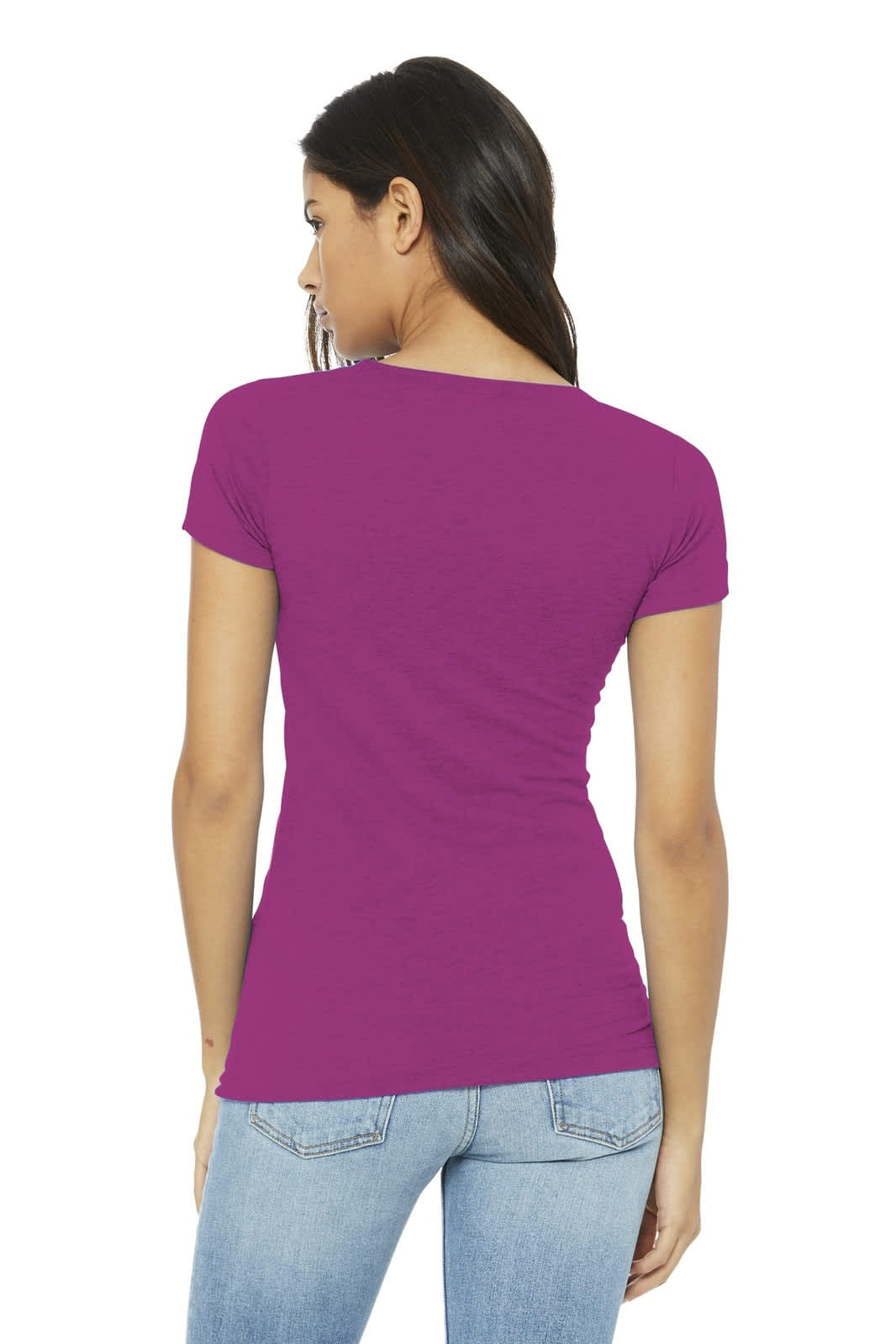 A woman wearing a fitted purple T-shirt, viewed from the back, paired with denim jeans. The shirt has a logo.