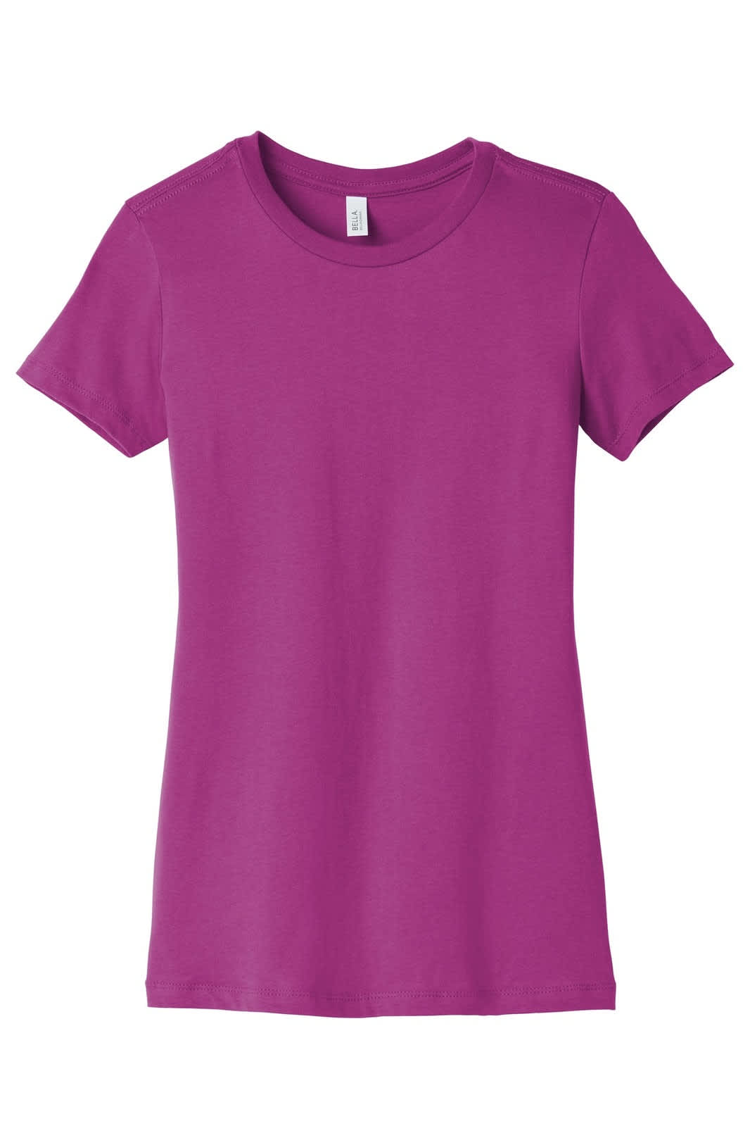 A vibrant magenta women's t-shirt with short sleeves and a crew neck. The shirt features a logo.