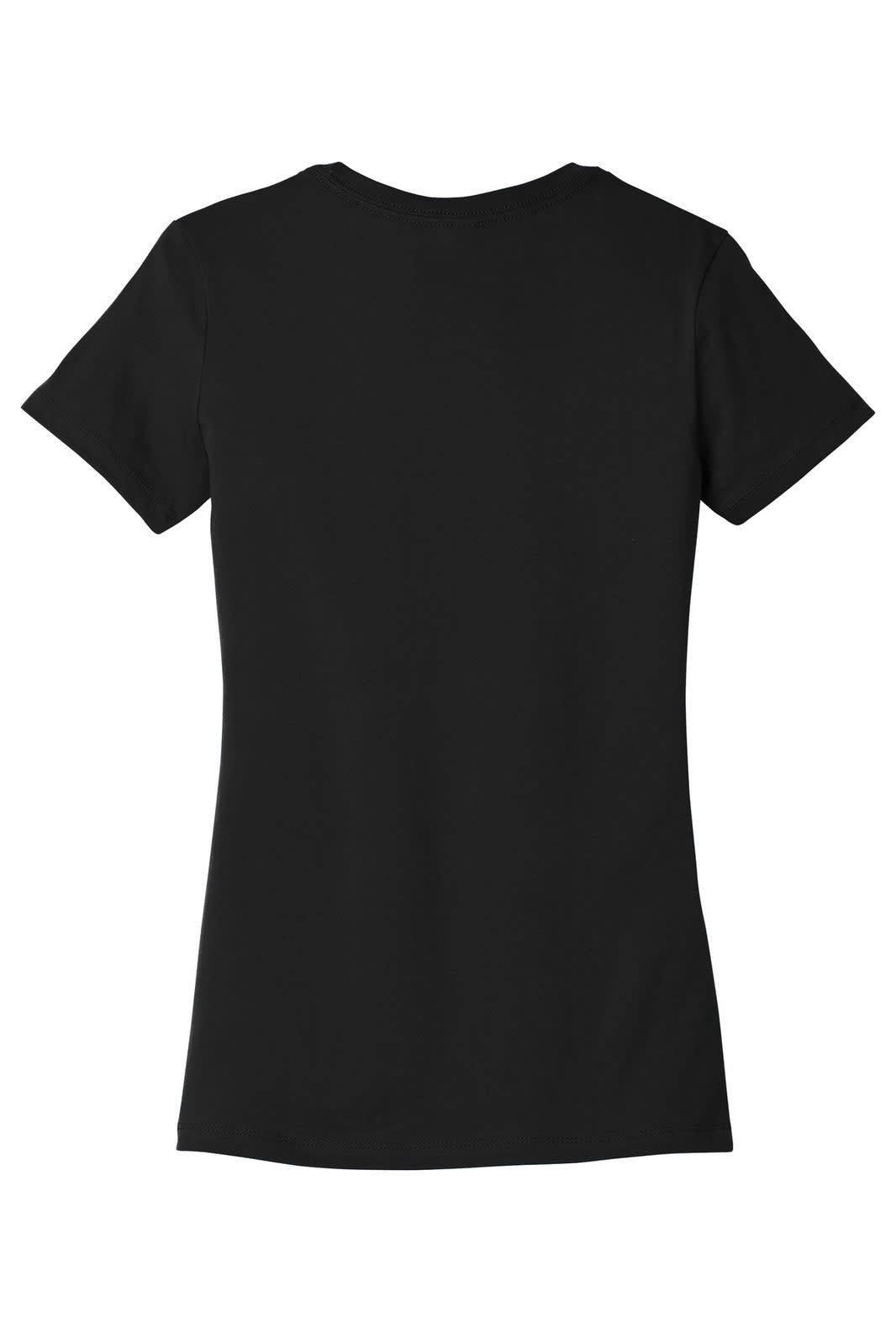 A black women's t-shirt with short sleeves and a fitted design. The back features a small logo.