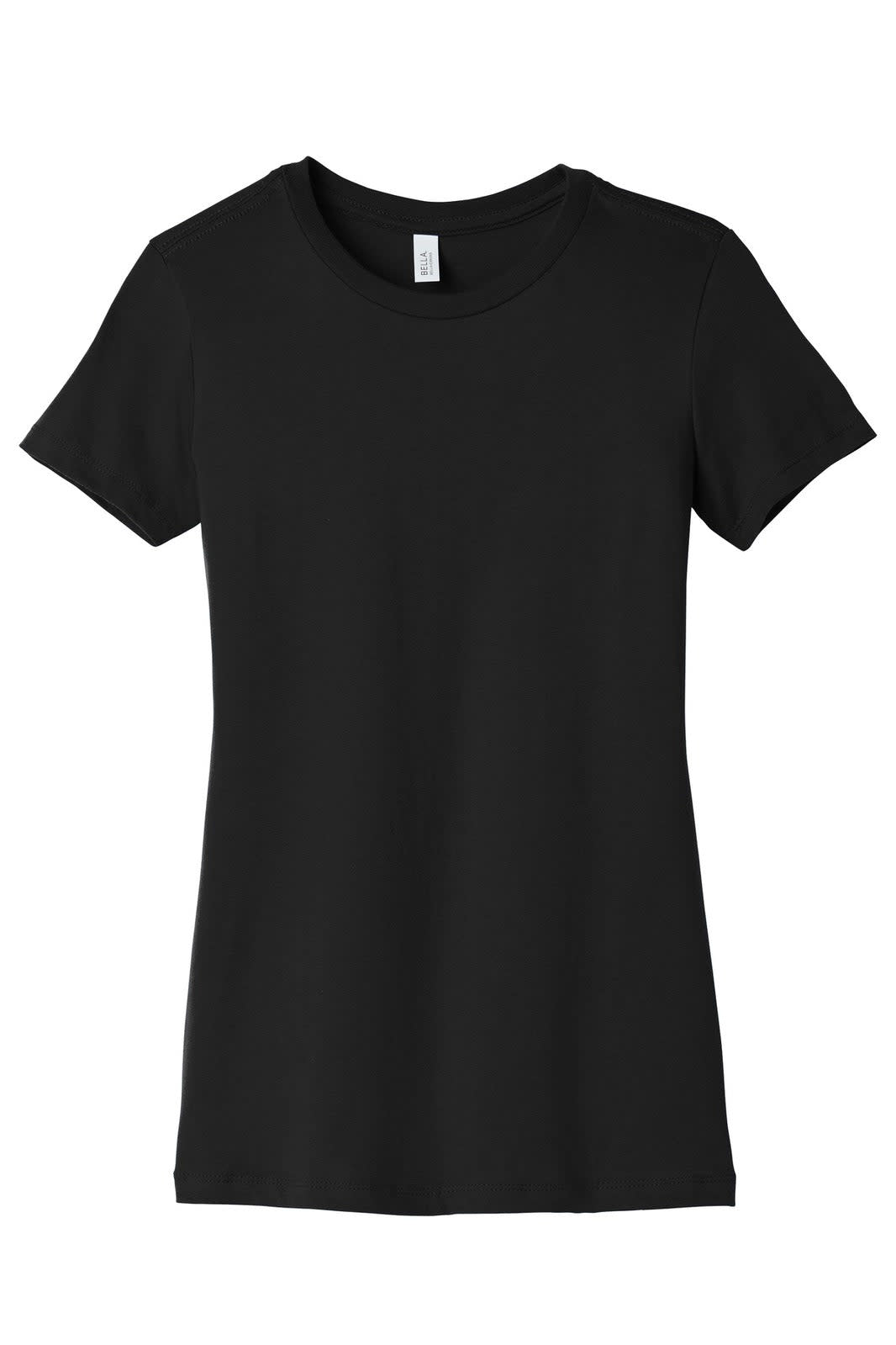 A black women's t-shirt with a classic crew neck and short sleeves. It features a logo on the label.