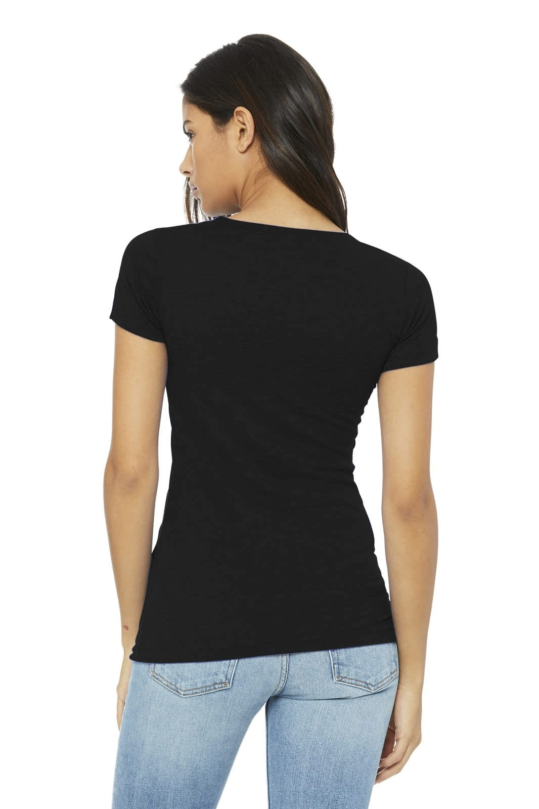 A fitted women's t-shirt in black, featuring short sleeves and a scoop neck design. Includes a branding logo.