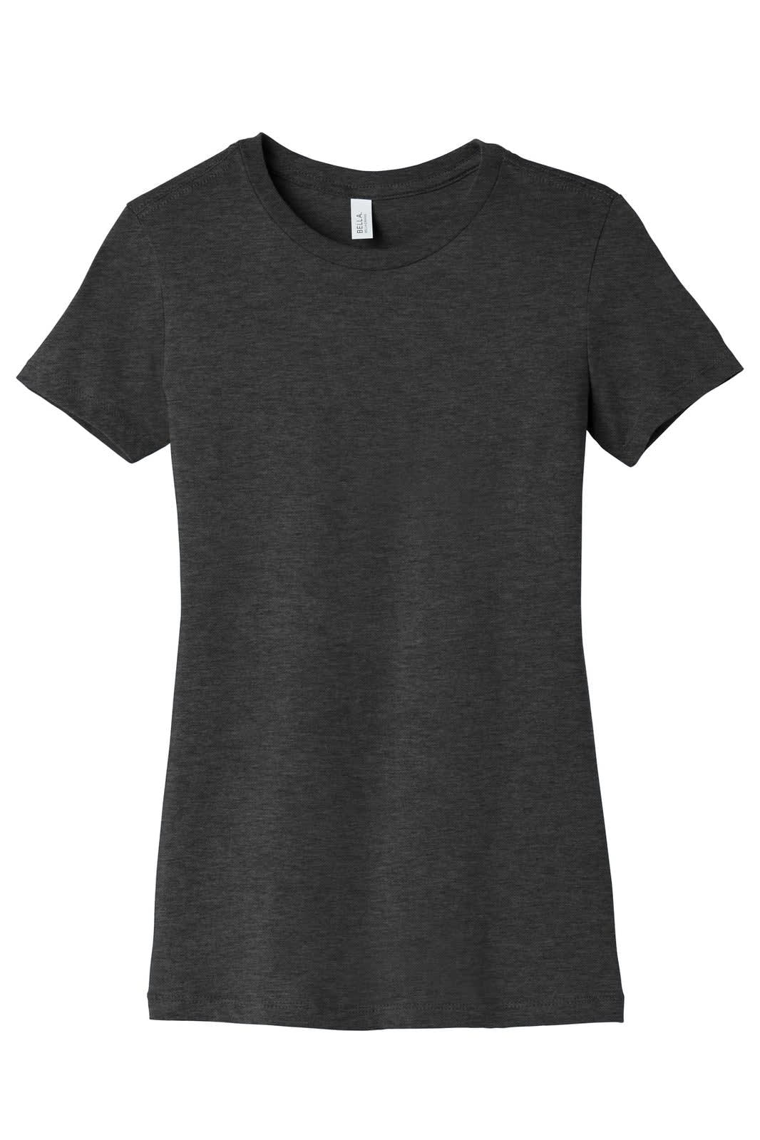 A women's fitted t-shirt in dark grey with short sleeves. It features a branding logo.