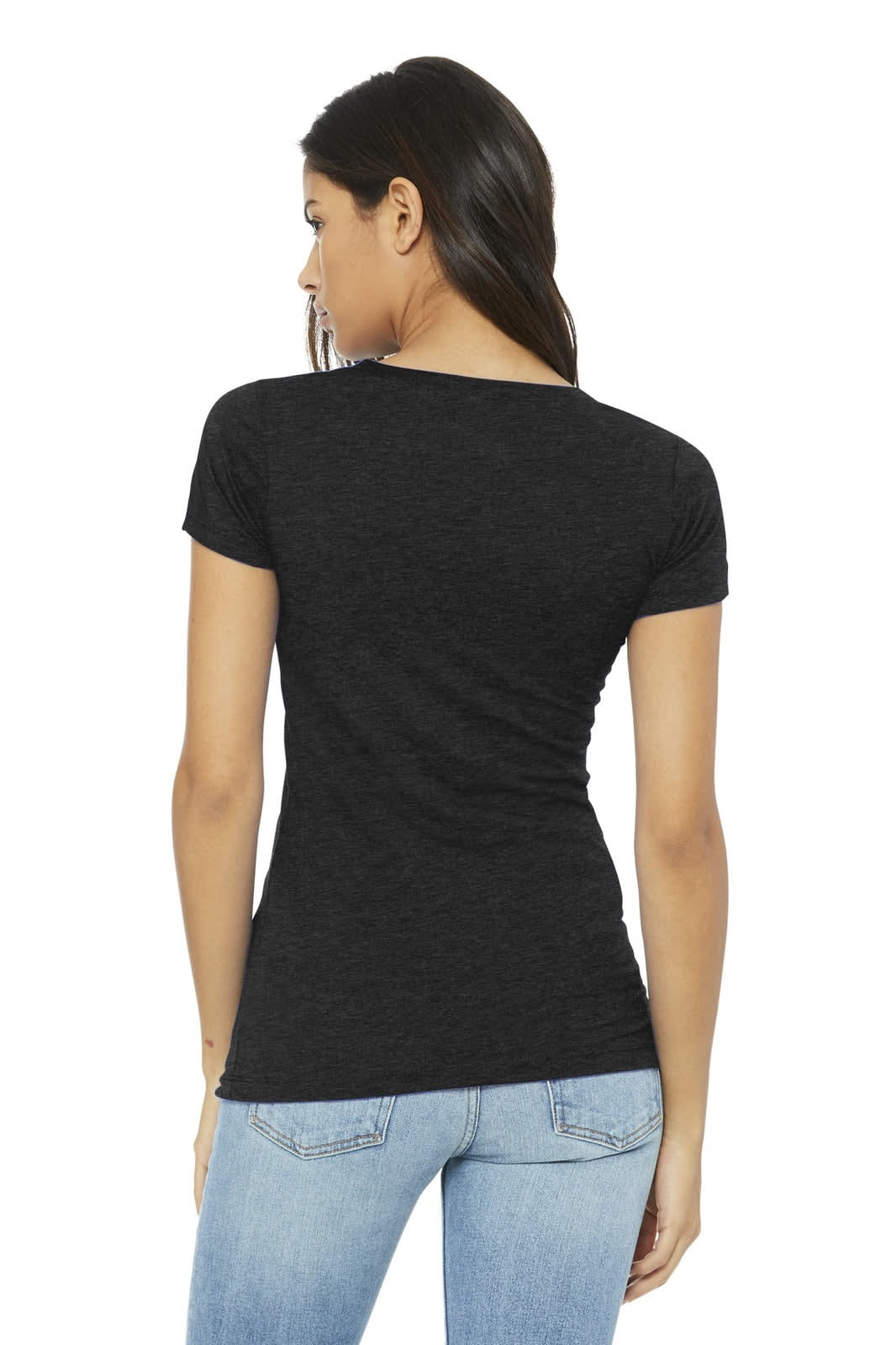 A fitted women's black t-shirt with short sleeves, featuring a subtle logo, modelled from the back.