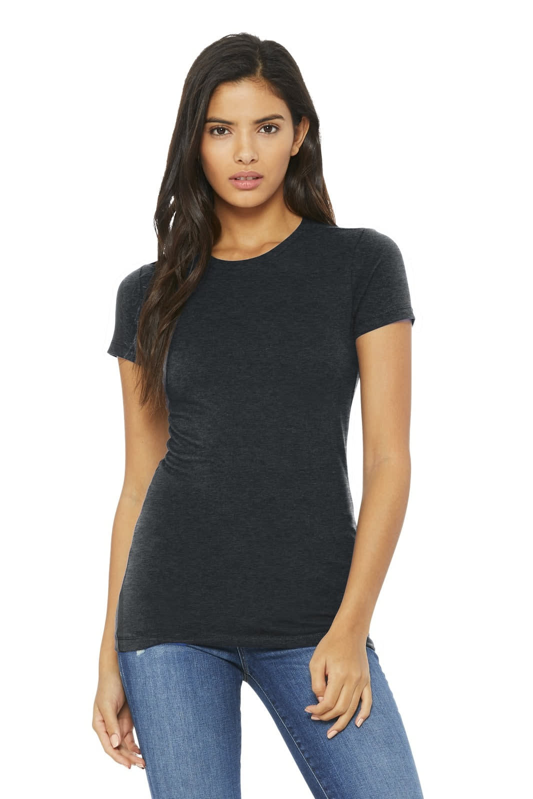 A woman wearing a fitted dark grey t-shirt paired with denim jeans, showcasing a stylish design.