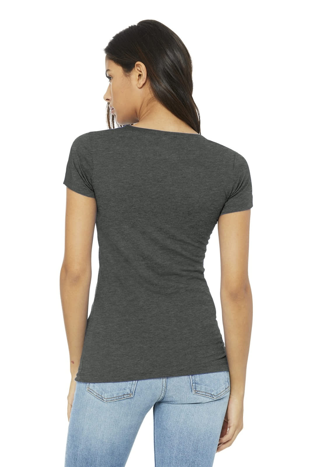 A woman in a fitted, dark green t-shirt, viewed from the back, paired with light blue jeans. The shirt has a logo.