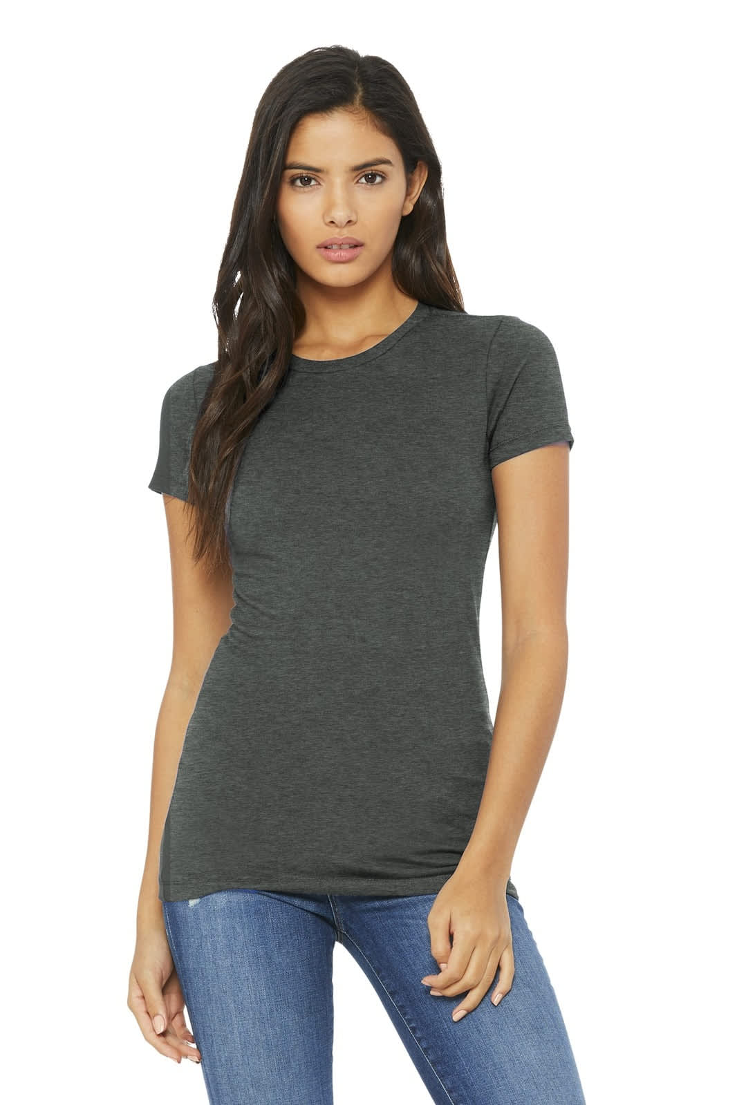 A woman is wearing a dark grey short-sleeve T-shirt paired with jeans. The shirt has a logo on it.