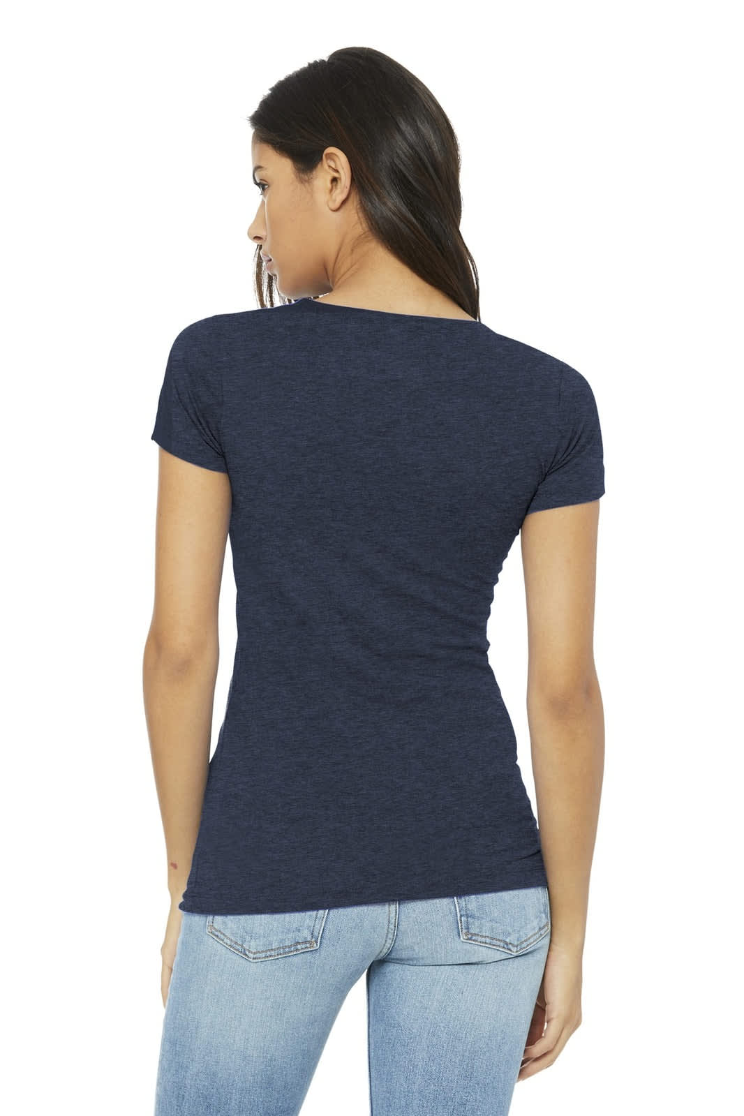 A woman wearing a navy blue fitted t-shirt, viewed from the back, paired with light blue jeans. The shirt has a brand logo.
