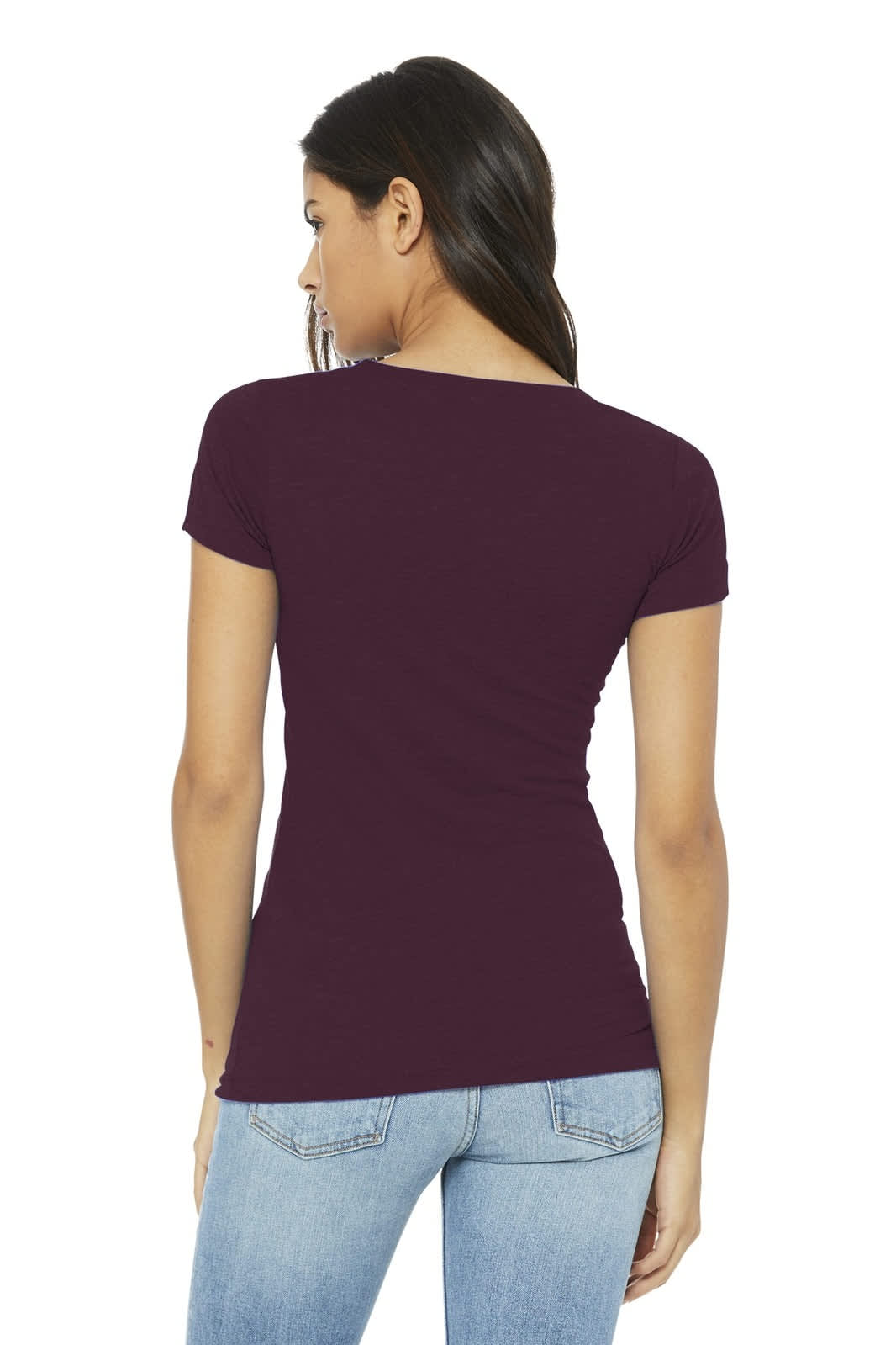 A woman wearing a fitted maroon t-shirt with short sleeves, viewed from the back. The shirt has a logo.
