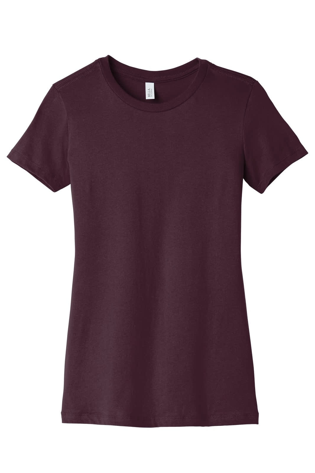 A maroon Women's T-Shirt featuring a classic crew neck design and short sleeves, with a logo on the label.
