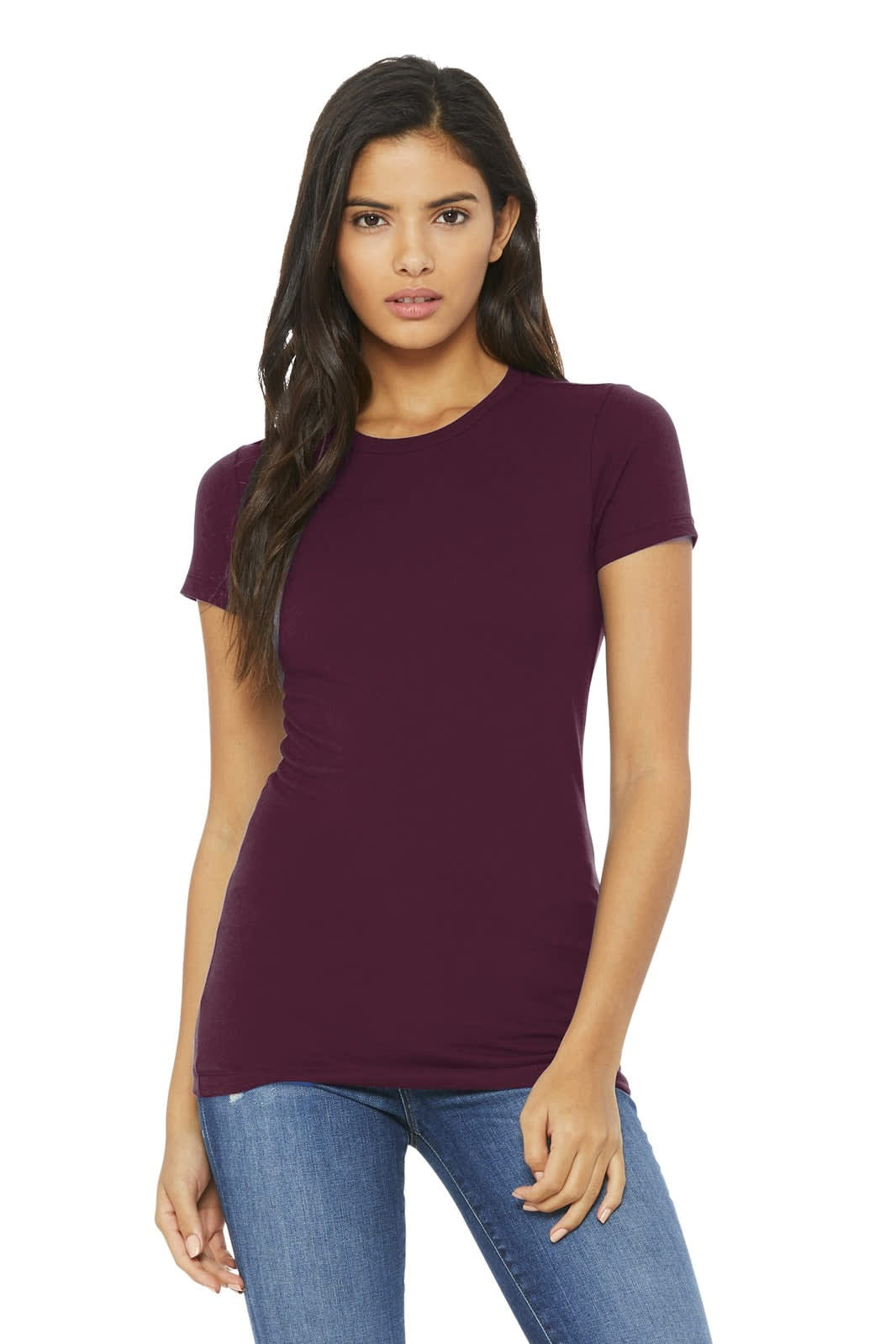 A model wearing a burgundy fitted t-shirt with short sleeves, paired with blue jeans. The shirt features a logo.