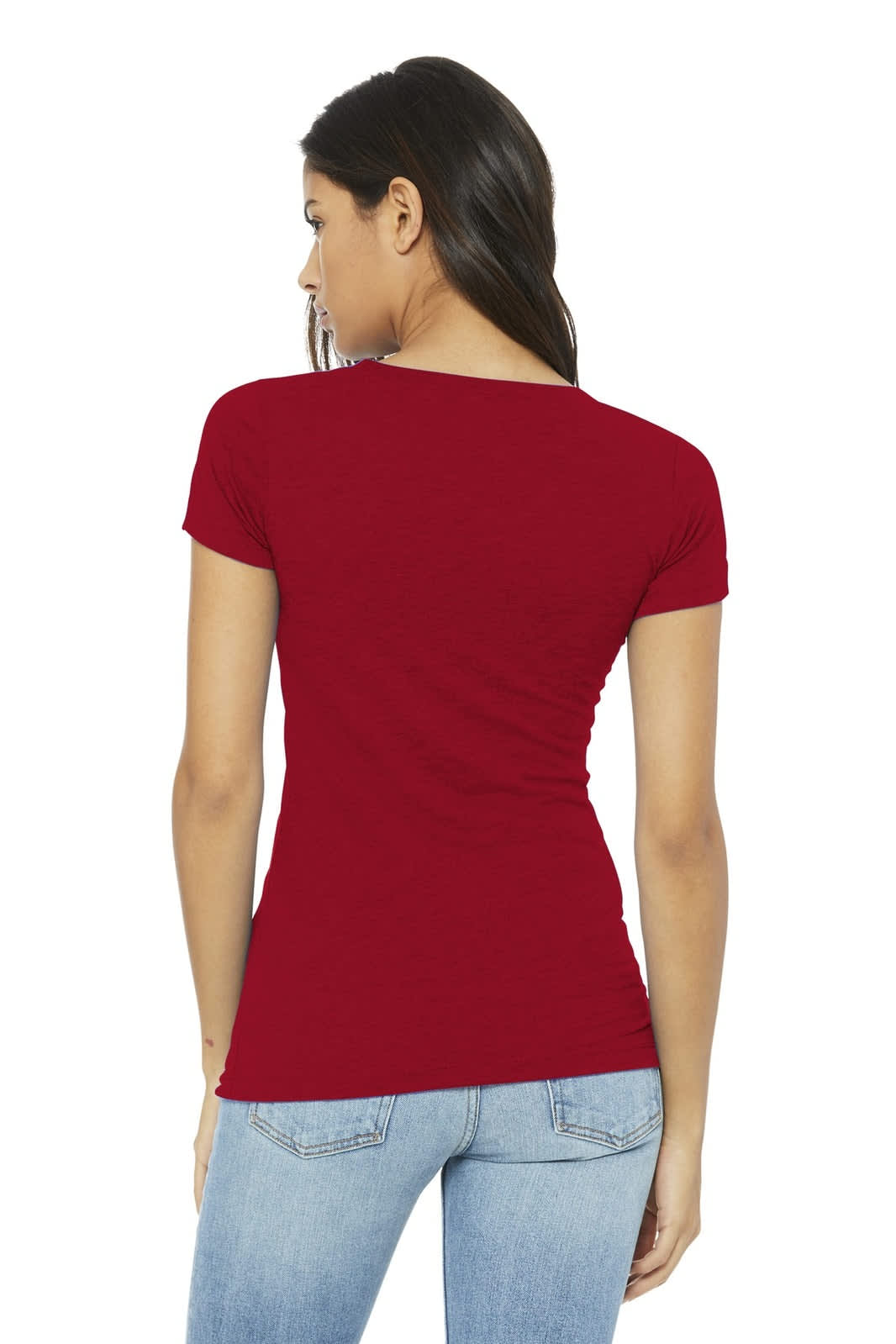 A red women's t-shirt with short sleeves, featuring a fitted design from the back view.