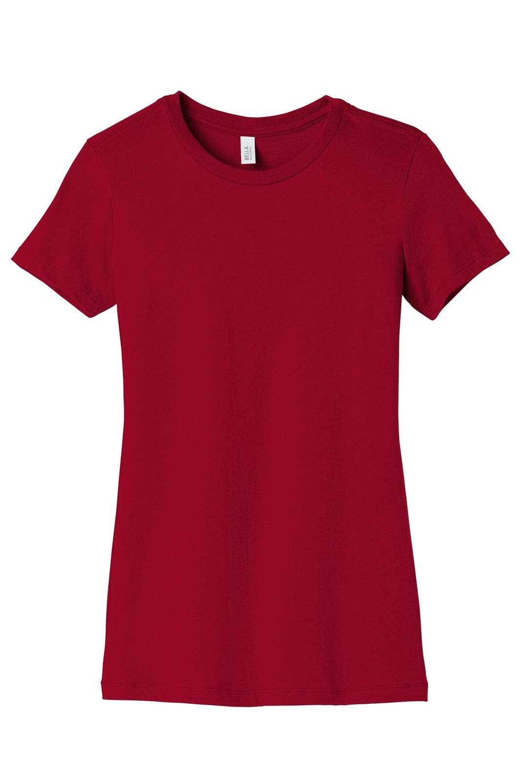 A red women's t-shirt from BELLA+CANVAS with short sleeves and a fitted design. Features a logo tag.