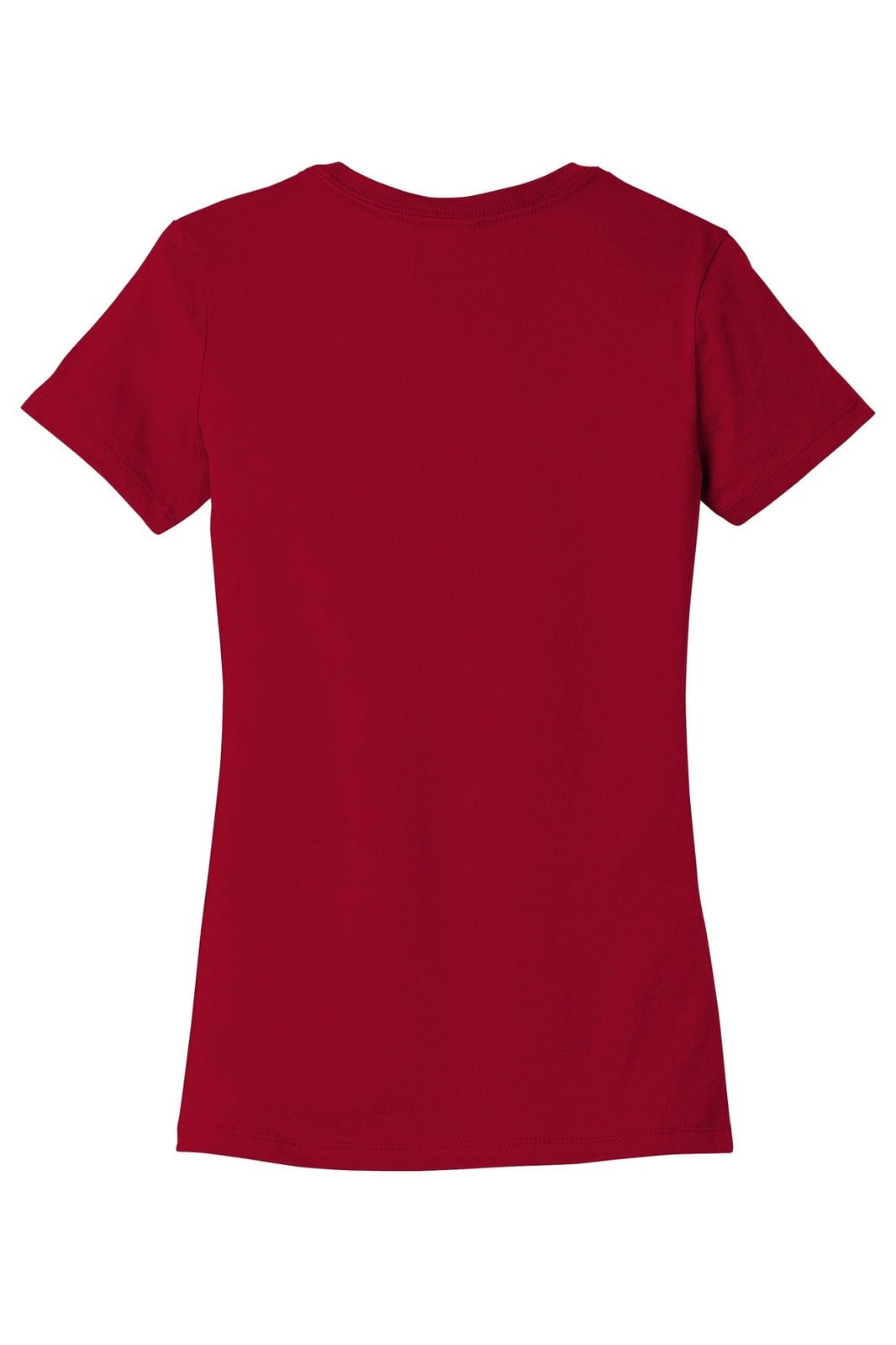 A women's red t-shirt with a fitted design, featuring short sleeves and a plain back. It has a logo at the neckline.