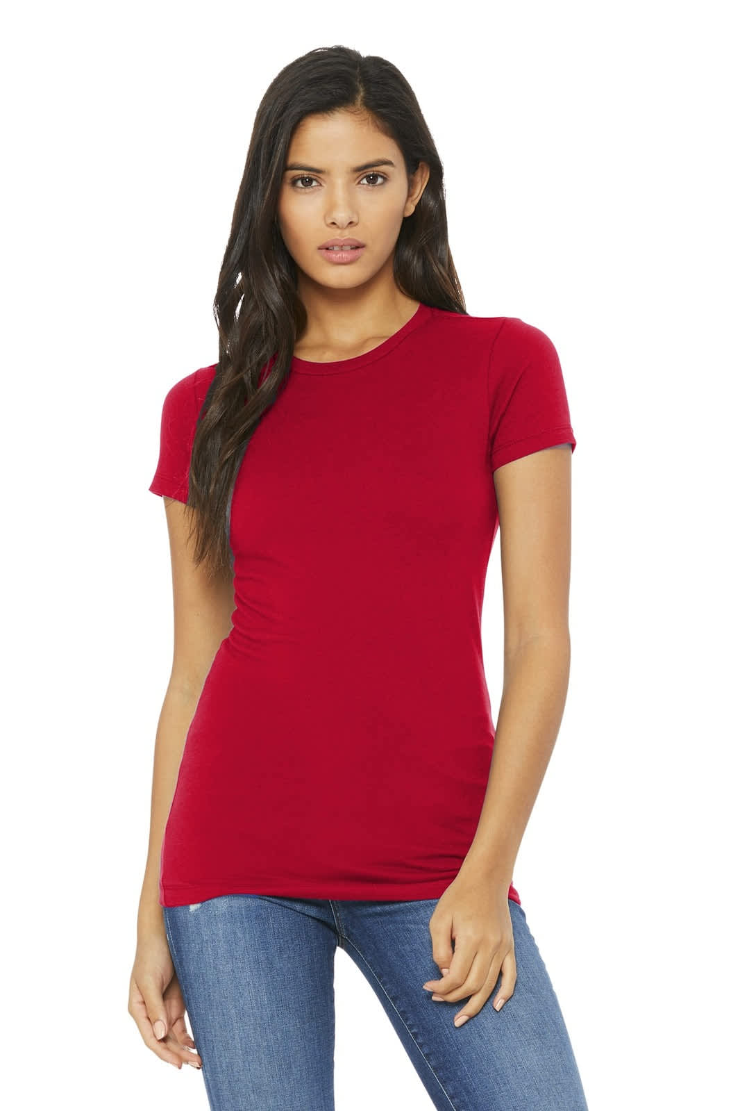 A red, fitted women's t-shirt with short sleeves, displayed on a model. The shirt has a logo.