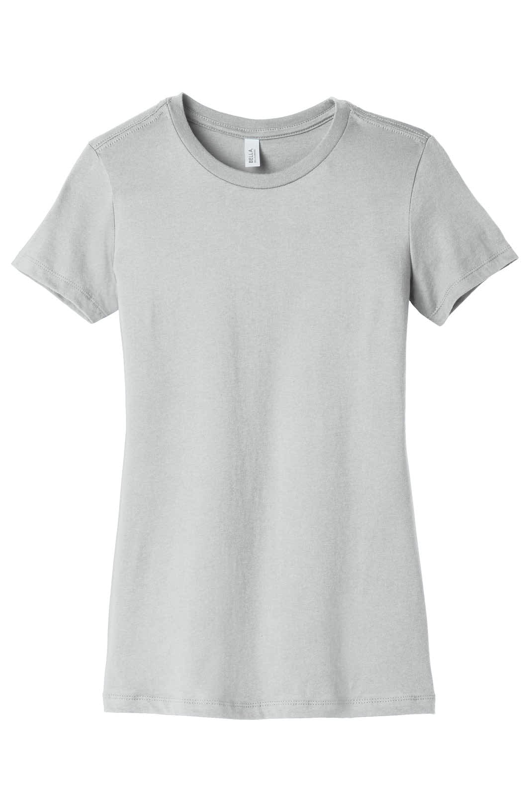 A light grey women's t-shirt with a classic crew neck and short sleeves. It features a branding logo.